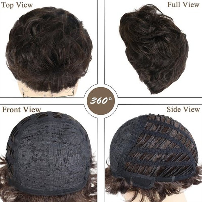 GNIMEGIL Synthetic Short Brown Wigs for White Women Curly Mommy Wig with Bangs Older Ladies Costume Mommy Daily Use Soft and Health Come with Wig,Glasses,Necklace,Chain