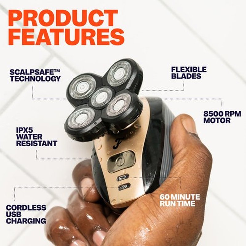 The FlexSeries Electric Head Hair Shaver - Freebird - Ultimate Mens Cordless Rechargeable Wet/Dry Skull & Bald Head Waterproof Razor with Rotary Blades, Clippers, Nose Trimmer, Brush, Massager