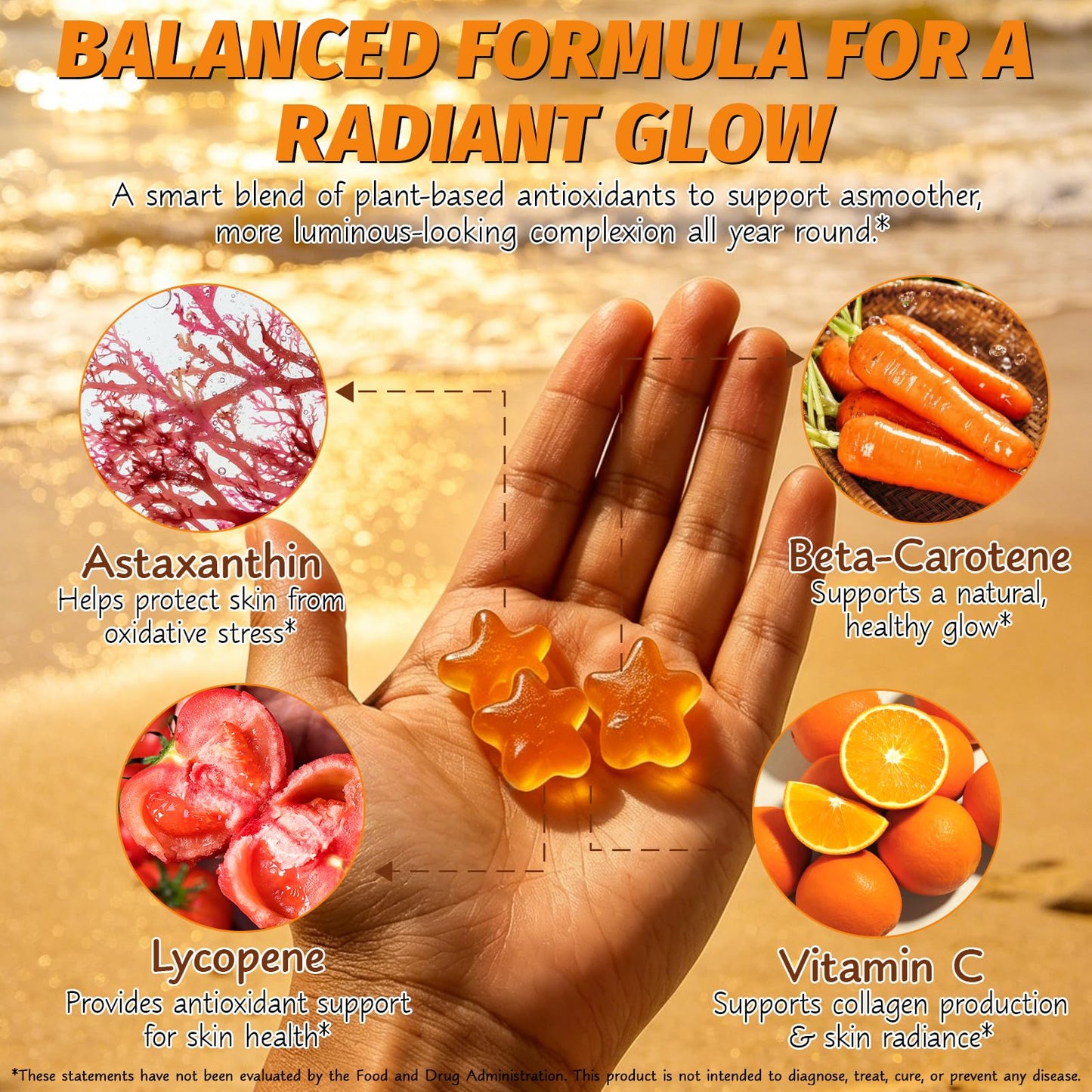 Astaxanthin Tanning Gummies Sun-Free for Women & Men, NO Sugar, With Beta Carotene, Vitamin ACDE Lycopene Enjoy a Tasty, Easy to Carry, No Water Making it Easy Enjoy a Healthy Tan Every Day 60Count