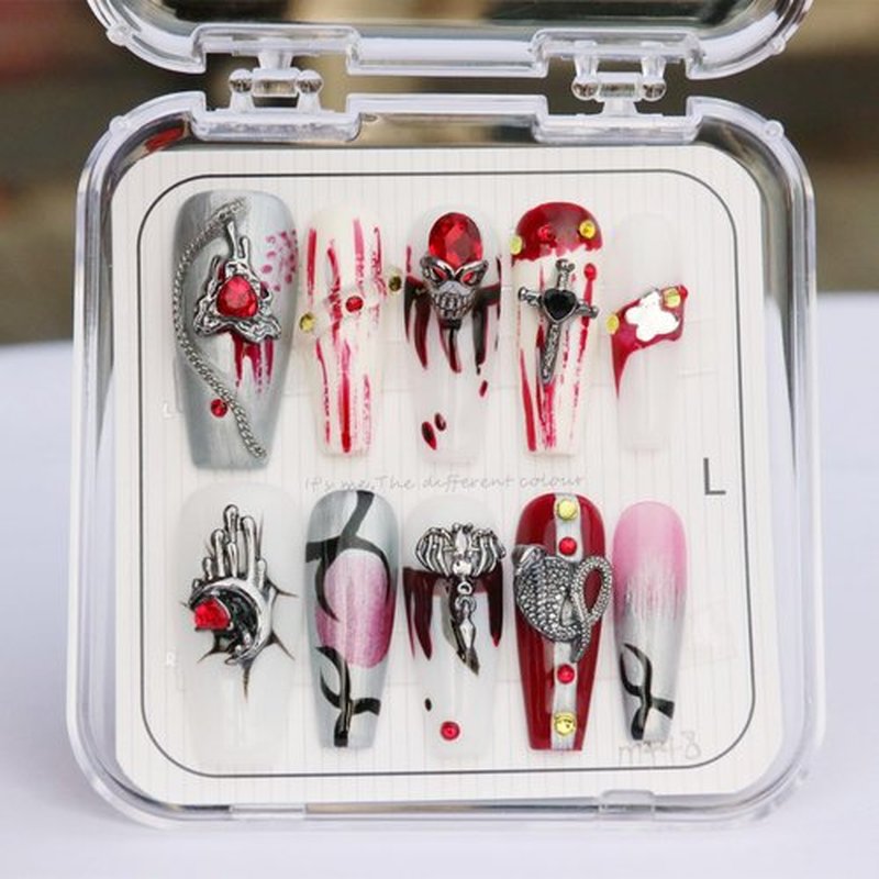 CAMILCY Handmade Nails Press on Coffin Armor Long Silver Black Red White Skull Halloween Hand Painted Reusable Gel UV Finished Pre Shaped False Nails for Women 10Pcs 3D Handmade Nails(A010 L)