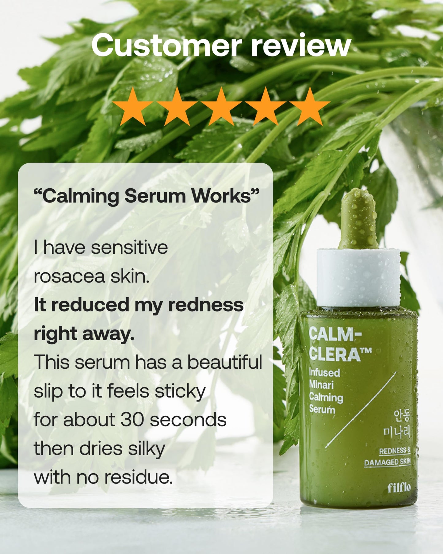 FILFLO Calm-Clera Minari Calming Serum, Korean Spring Herb Facial Serum, Soothing and Calming for Sensitive Skin, Natural Skincare, Clean Beauty With Vitamin C, Korean Skin Care,1.52 Fl Oz