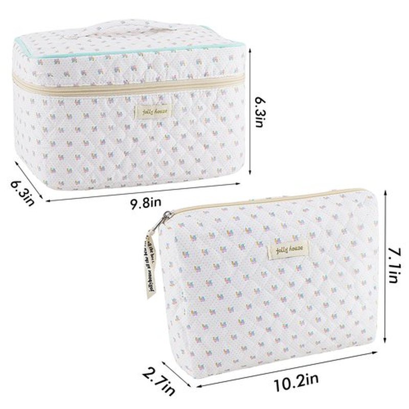 URSKYTOUS 2Pcs Cotton Quilted Makeup Bag for Women Floral Travel Large Small Cosmetic Bag Set Big Cute Makeup Pouch Portable Toiletry Bag Organizer Storage Coquette Aesthetic White Makeup Brush Bag