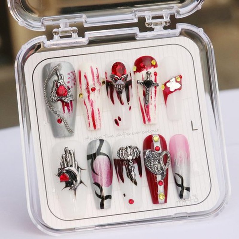 CAMILCY Handmade Nails Press on Coffin Armor Long Silver Black Red White Skull Halloween Hand Painted Reusable Gel UV Finished Pre Shaped False Nails for Women 10Pcs 3D Handmade Nails(A010 L)