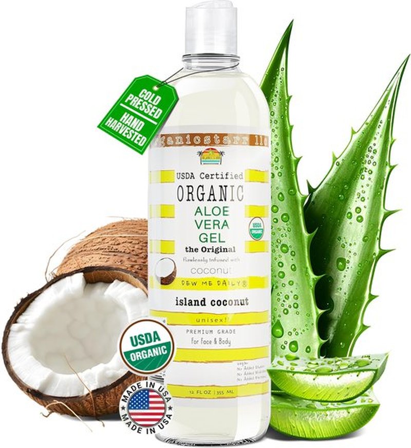 DEW ME DAILY USDA Certified Organic Aloe Vera Gel 12 oz - 100% Pure, Cold Pressed, Hand Harvested, Infused with Natural Coconut Extract, Chemical-Free - Skin & Hair Care, Made in USA