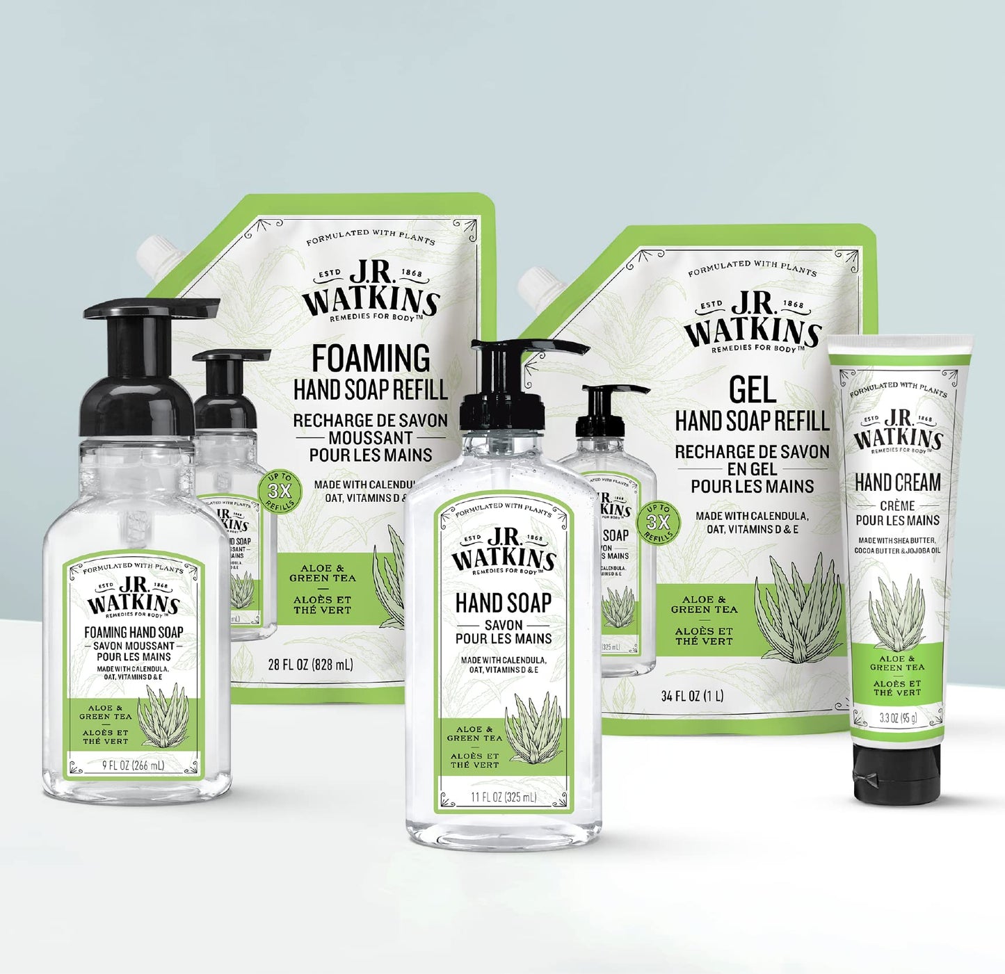 J.R. Watkins Gel Hand Soap Refill Pouch, Scented Liquid Hand Wash for Bathroom or Kitchen, USA Made and Cruelty Free, 34 fl oz, Aloe & Green Tea, 2 Pack