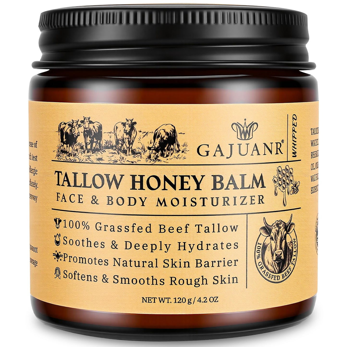 Beef Tallow for Skin: Whipped Beef Tallow Cream for Face & Body, Natural Moisturizing Cream with Honey and Beeswax, Grass-Fed Beef Tallow &Honey Blend, Lightweight Hydration for Dry Skin, 4.2Oz