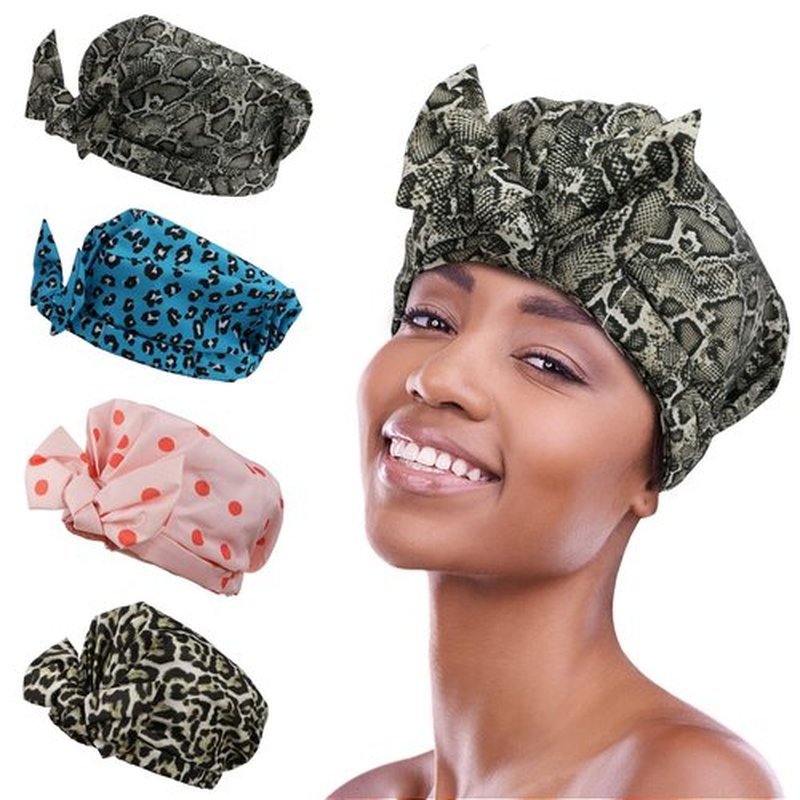 4 pieces of Oome Shower Cap, Improved Design High-Quality Shower Cap for Women, Lightweight,100% Waterproof, Reusable bonnets for black women. (Black Panther+Powde Point+Blue Panther+Snakeskin)