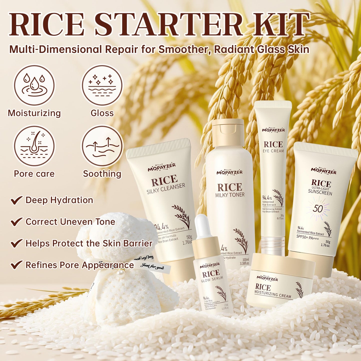 7PCS Rice Skincare Set Gift Box, Korean Skin Care Set for Women Teens Girls, Rice Cleanser Toner Serum Face Cream Eye Cream Sunscreen with Towel Bear Ornament, Hydrating Daily Face Care Kit