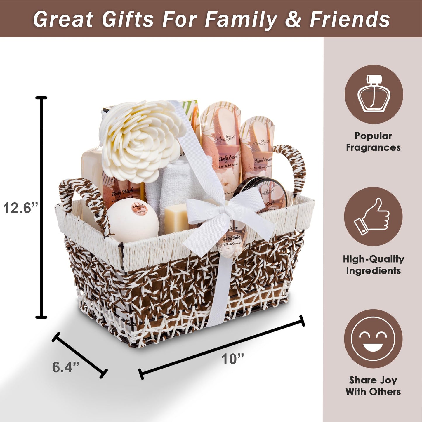 Aqua Elegante Bath Basket For Women - Deluxe Spa Set with Wash, Bubble Bath, Lotion, Salts, Body Scrub, Towel, Shower Puff, Bathbombs, Reusable Basket, Gifts for Mom, Wife, Her - Coconut & Vanilla