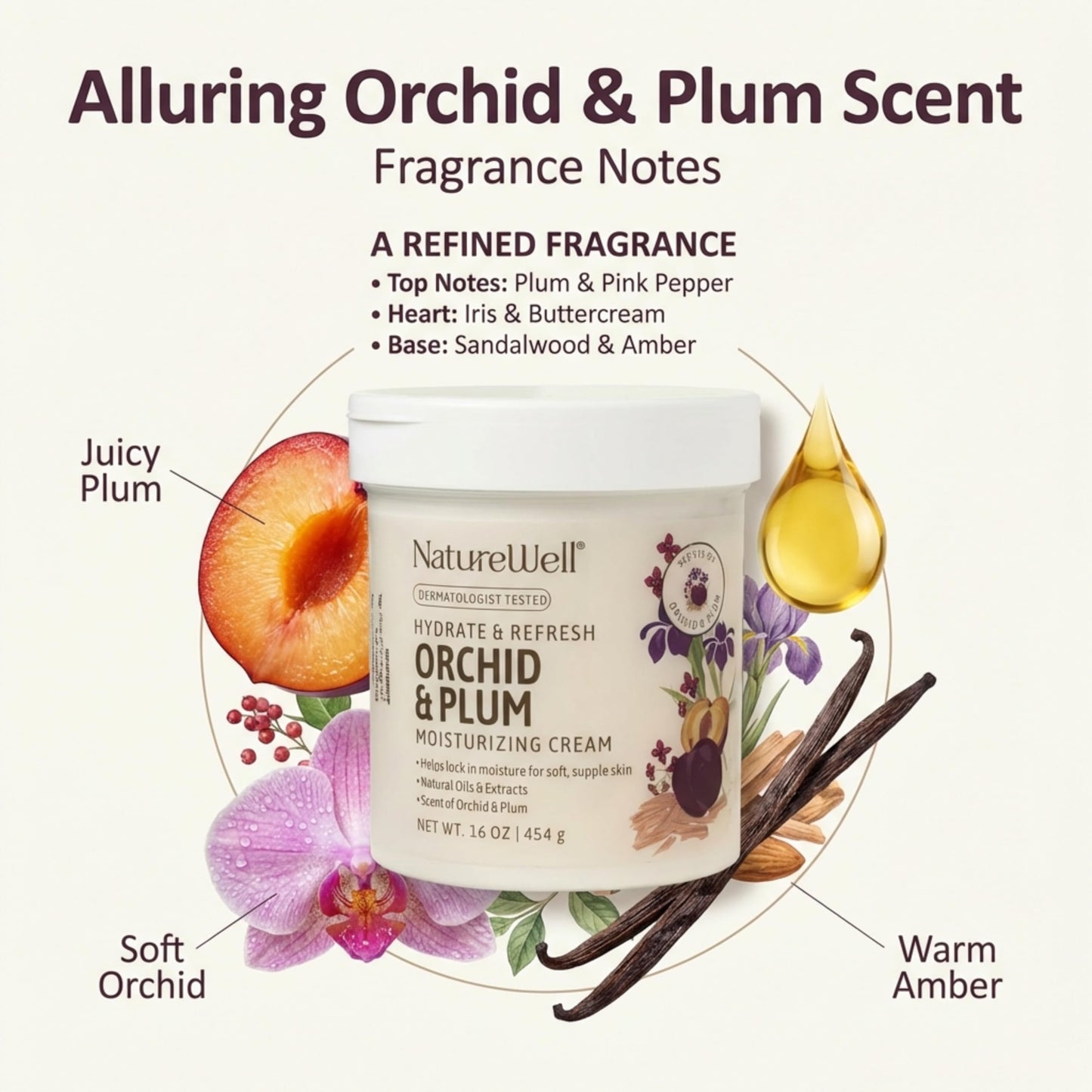 NATURE WELL Orchid & Plum Body Cream, Moisturizing Cream for Dry & Sensitive Skin, Hydrating Body Moisturizer with Natural Oils & Extracts, Orchid & Plum Fragrance, Dermatologist Tested, 16 Oz