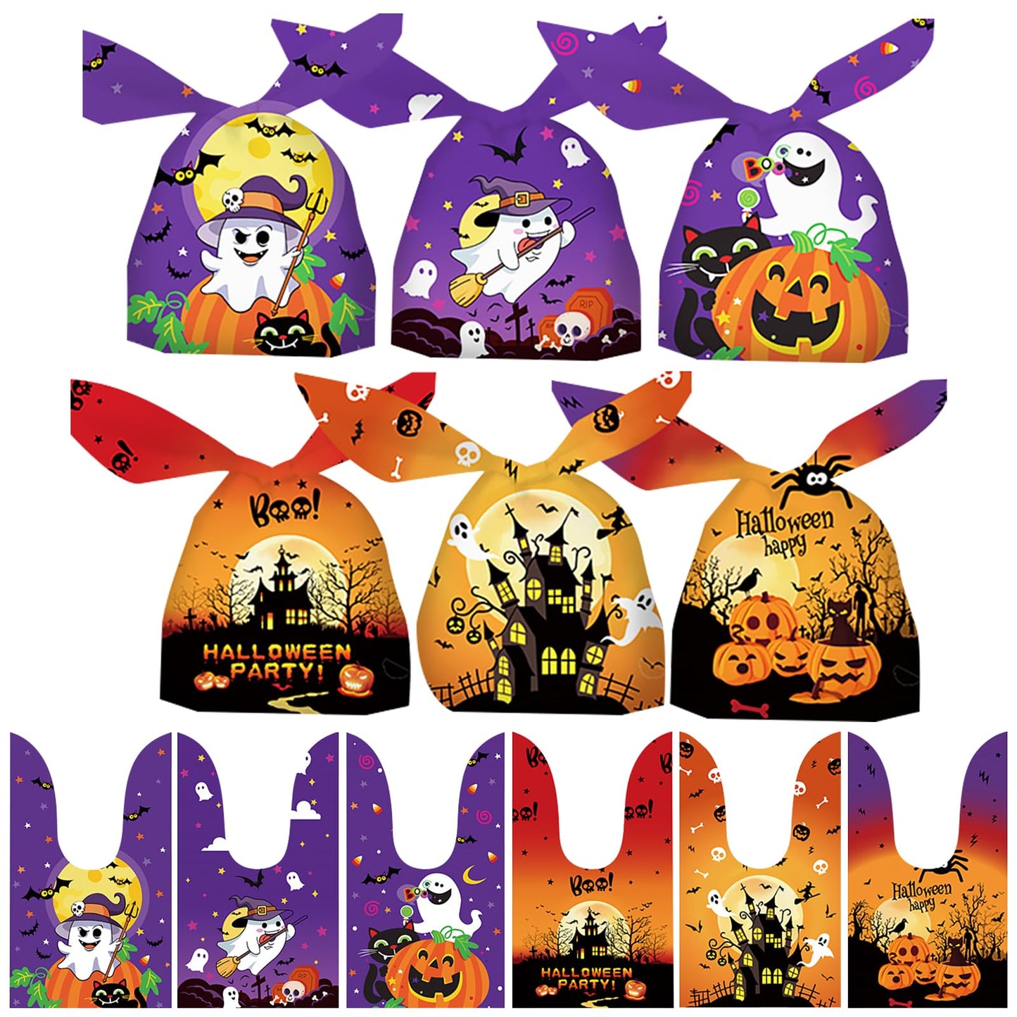 SAILYLENCEY]100-Pack Halloween Candy Bags, Halloween Treat Bags, 6 Patterns, 2 Colors (Purple/Orange) for Party Favors