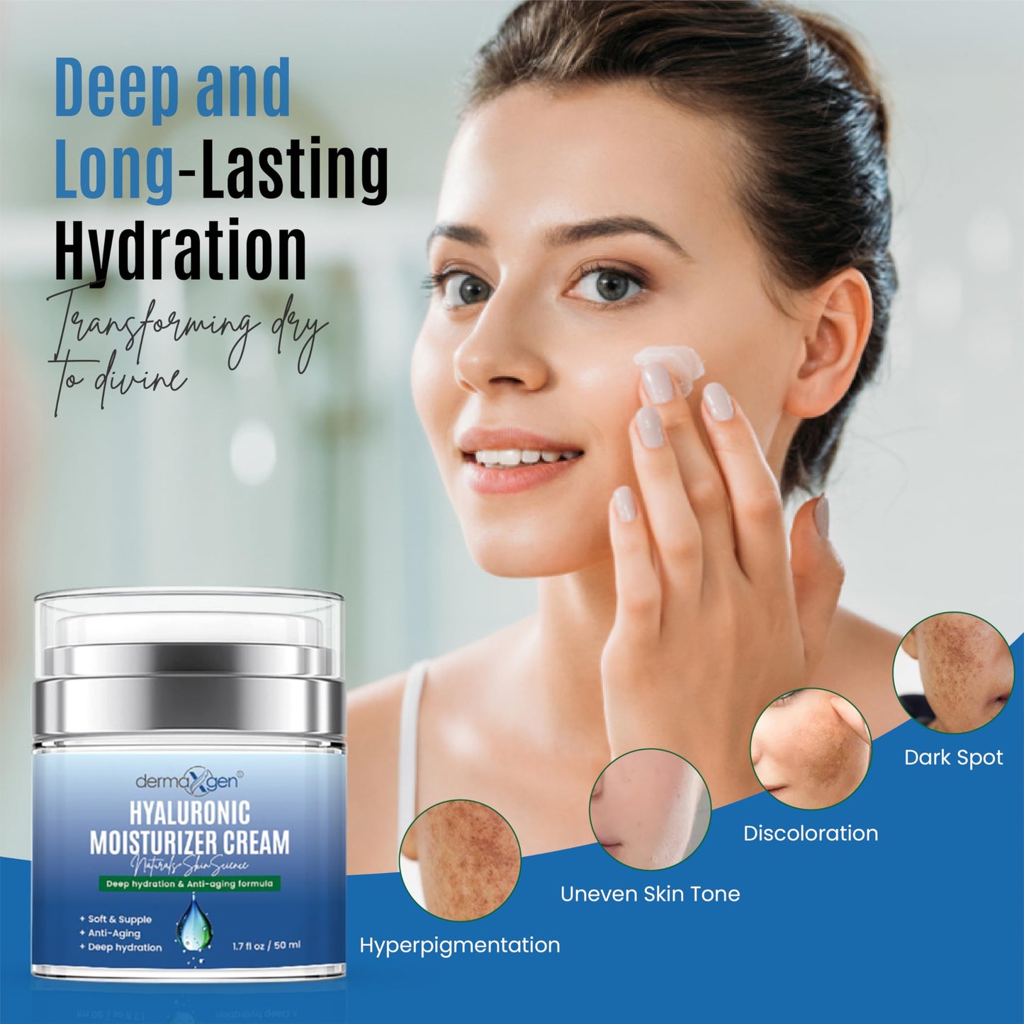 Dermaxgen Hyaluronic Acid Moisturizer - Hydrating Moisturizer Face Cream to Reduce Pigmentation & Improve Skin Elasticity - Anti Aging Cream for Day and Night Use - Suitable for All Skin Types - 50 ml
