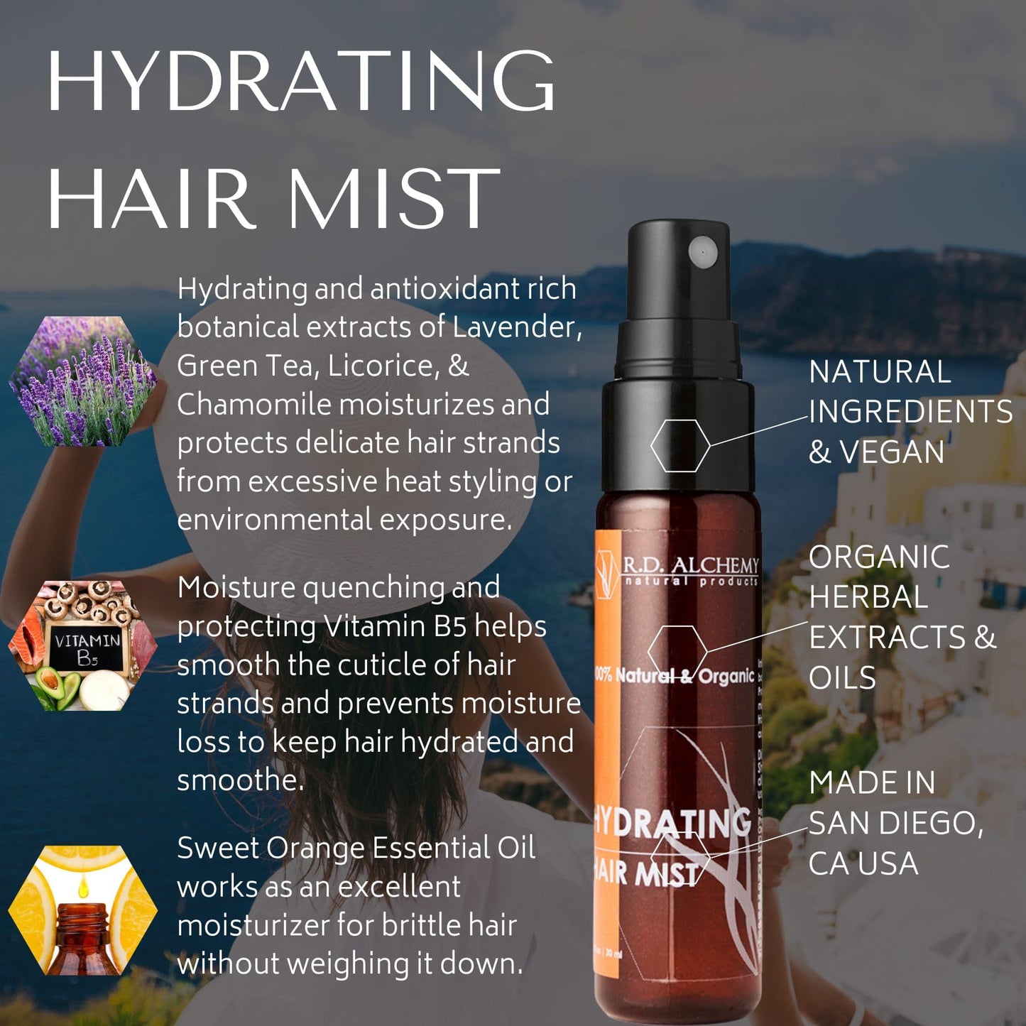 RD Alchemy - 100% Natural & Organic Hydrating Hair Mist. Travel Size, Quick Solution to Dry, Frizzy Hair and flyaways on the go.