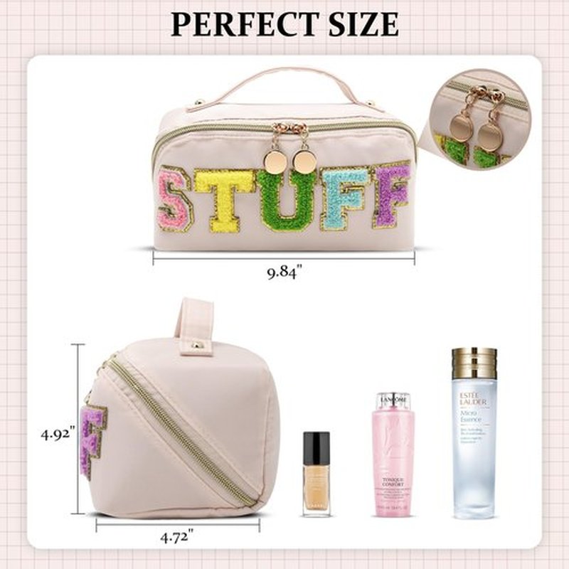 LONEDREAM Stoney Clover Preppy Makeup Bag, Large Capacity Travel Cosmetic Bag, Chenille Letter Open Flat Nylon Stuff Makeup Bag, Preppy Patch Better Belt Everything Makeup Bag(White)