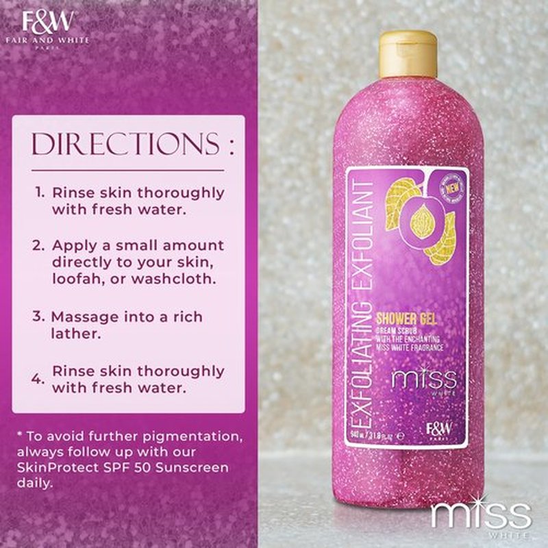 Fair and White, Miss White Exfoliating Shower Gel 1000ml - Formulated to Exfoliate Skin, with Pomegranate and Glycerin