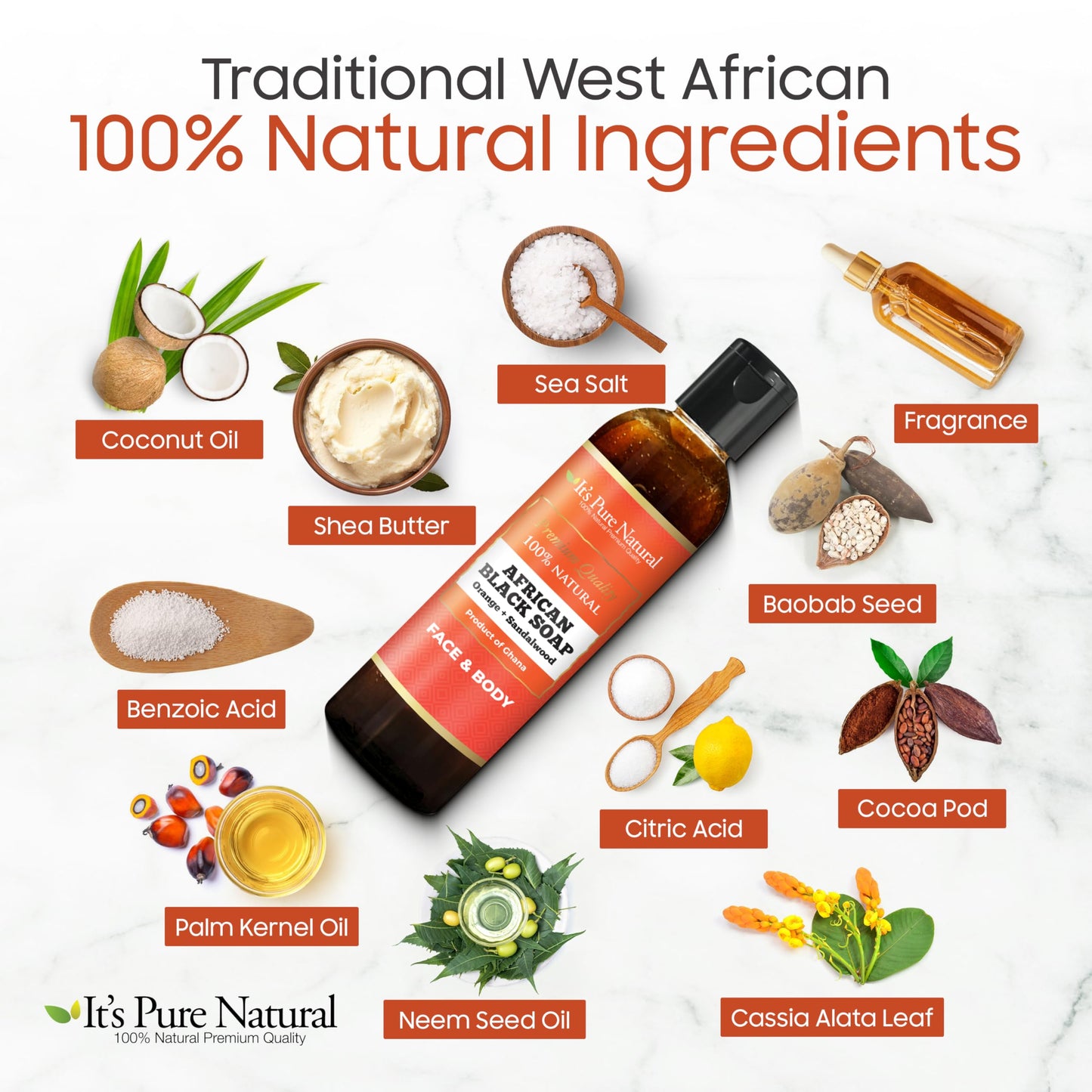 It's Pure Natural African Black Soap, Liquid Form, Traditional Handmade Raw Soap with Shea Butter and Coconut Oil, Face and Body Cleanser, (8oz, Orange + Sandalwood)