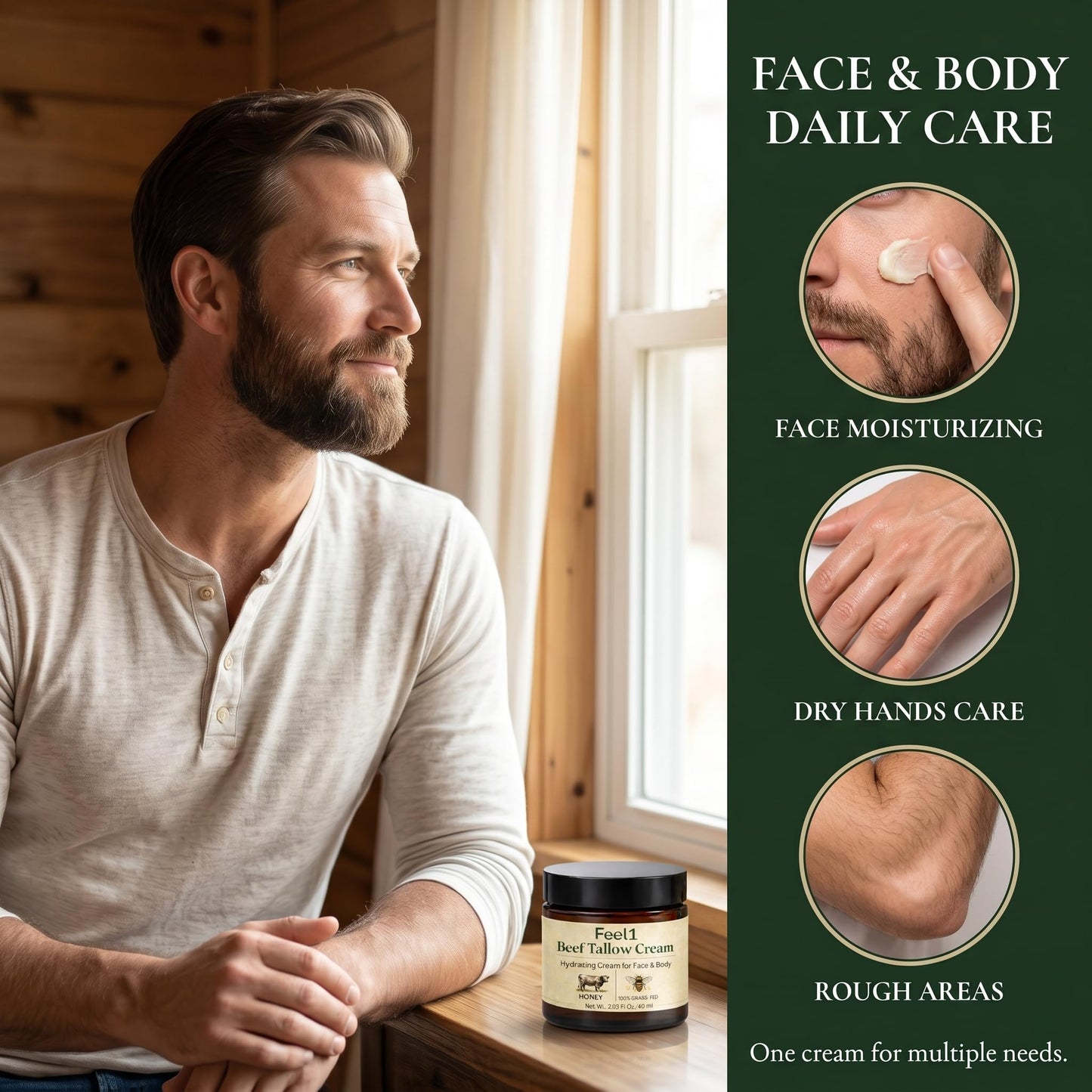 Feel1 Beef Tallow Cream for Men, with Jojoba Oil, Shea Butter & Honey, Nourishing Skin Barrier Support for Face & Skin, Lightweight Non-Greasy Daily Care, 2 Fl Oz