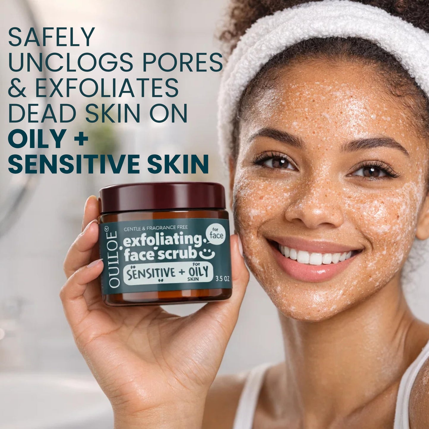 Non Irritating Facial Scrub Exfoliator for Sensitive and Oily Skin - Unscented Face Scrub Exfoliator - Safe for Acne Prone Skin - Gentle, Non Comedogenic, pH Balanced, 3.52 oz by Ouiloe