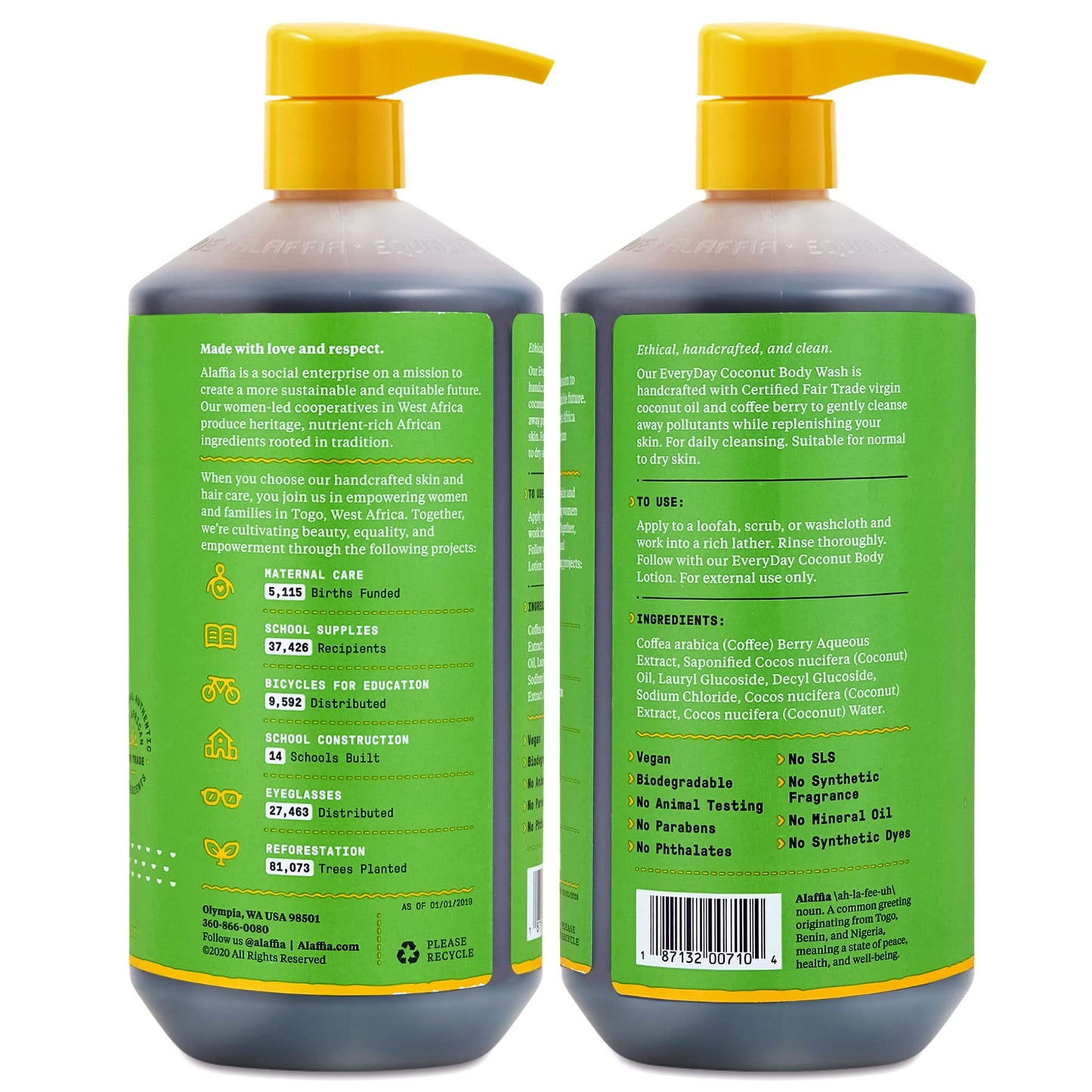 Alaffia Body Wash, EveryDay Coconut 2-Pack – Purely Coconut Gentle Skin Cleanser for Normal to Dry Skin, 32 Oz Ea