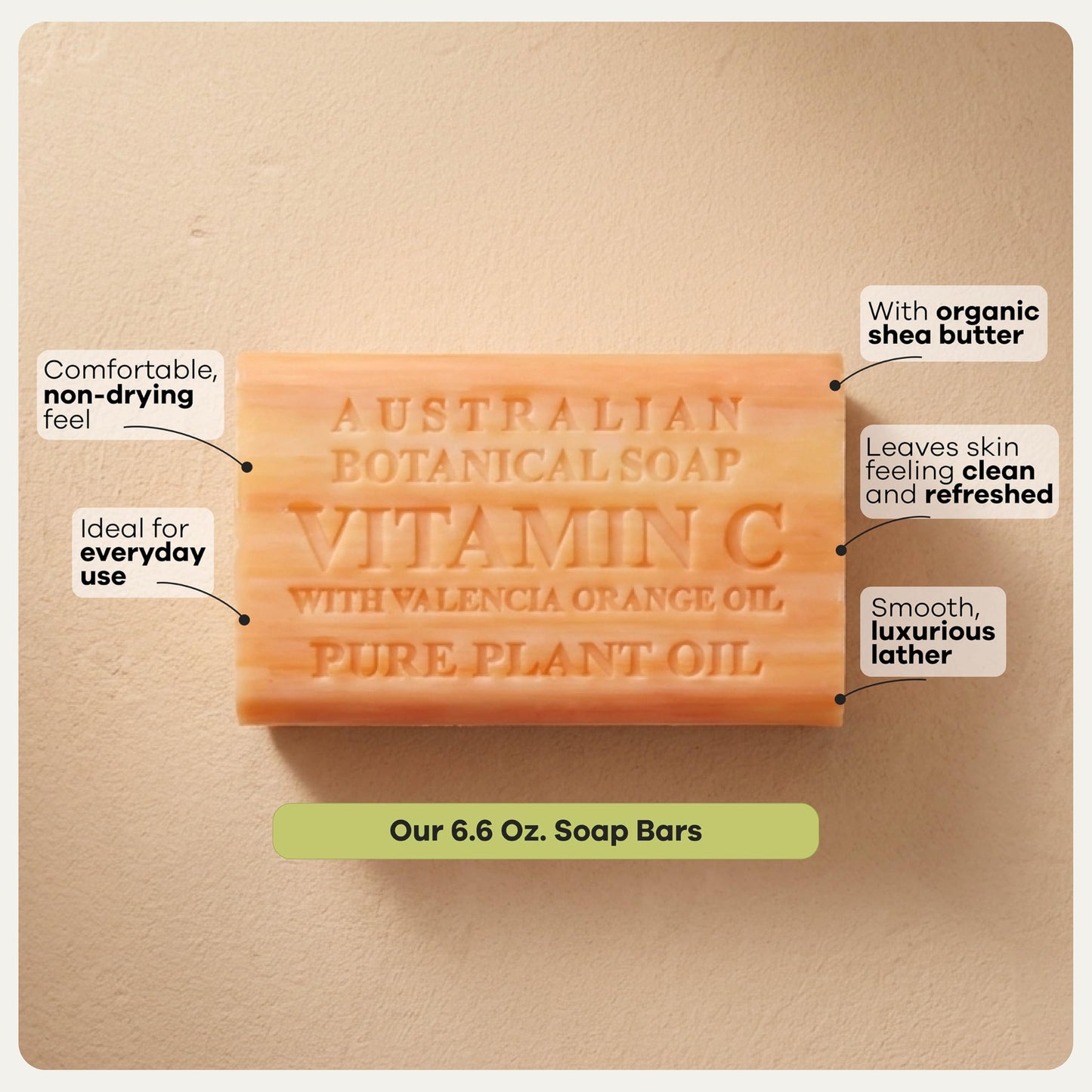 Australian Botanical Soap Vitamin C with Valencia Orange Oil 6.6 oz Triple Milled Luxury Soap Bar Enriched with Shea Butter, Suitable for Men, Women and All Skin Types, Pack of 1