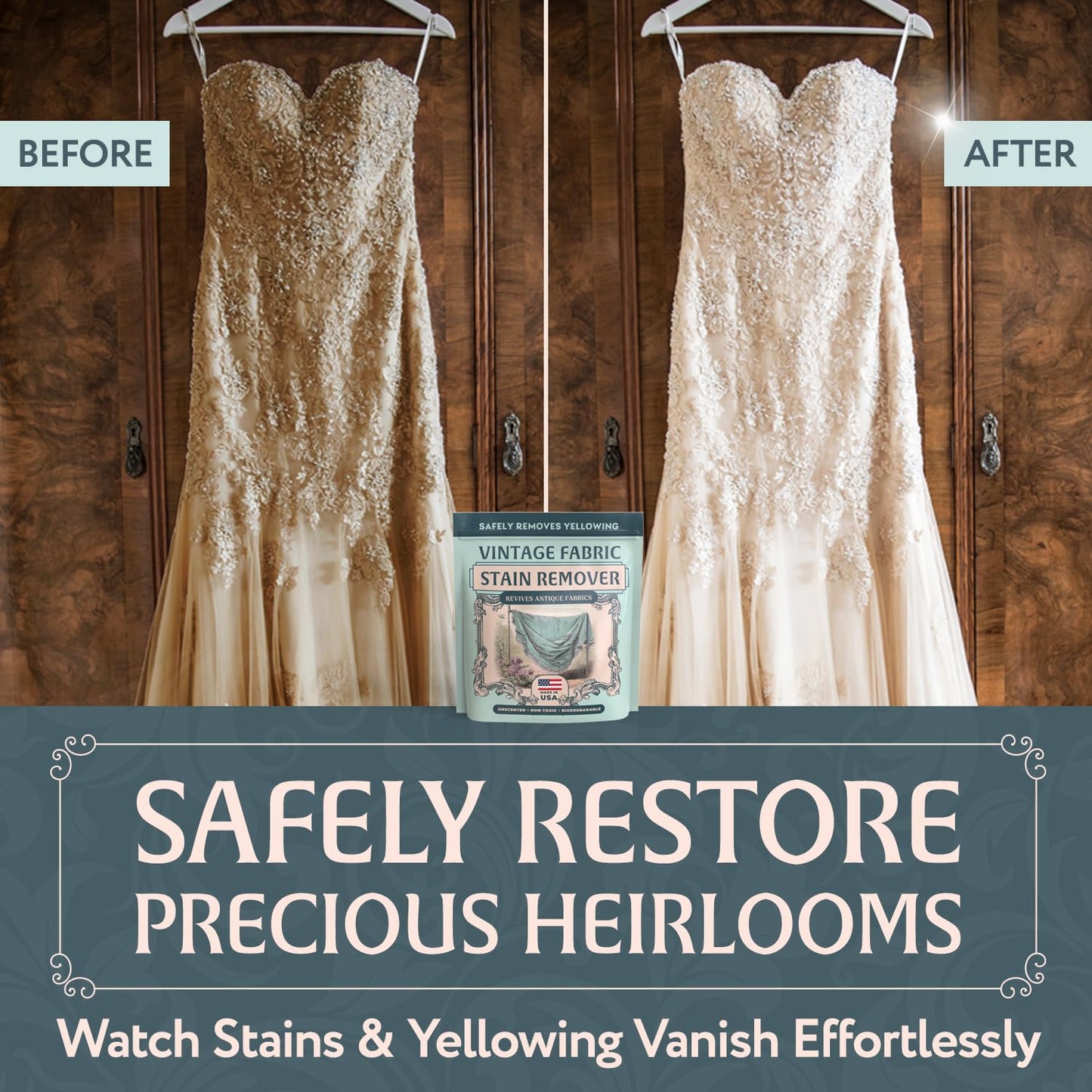Vintage Fabric Stain Remover - Safely Cleans Retro & Antique Textiles - Made in the USA - Gently Removes Yellowing & Tough Stains From Vintage Linens, Quilts, Dresses, Doilies (Pack of 1)