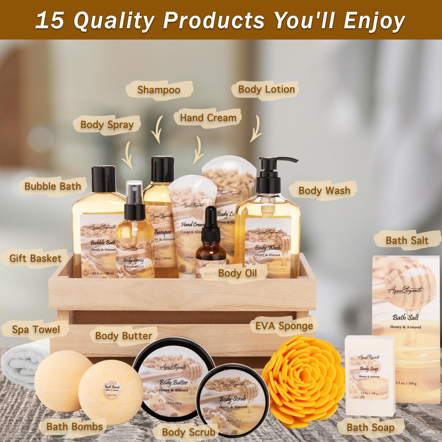 Aqua Elegante Full Spa Gift Set - 15 Piece Premium Bath Basket with Wash, Bubbles, Lotion, Salts, Body Scrub, Towel, Shower Puff, Bathbombs, Reusable Basket, Gifts for Women - Honey & Almond