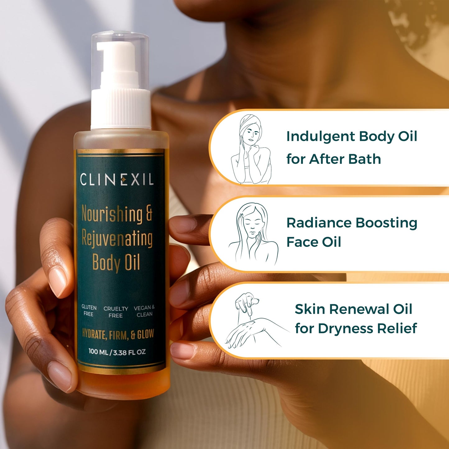 Clinexil After Shower Body Oil for Women- Hydrating & Firming Natural Moisturizer for Dry Skin-Cold Pressed Jojoba, Baobab, Sea Buckthorn & Vitamin E – Non-Greasy, fast absorbing Skin Oil – 3.38 oz