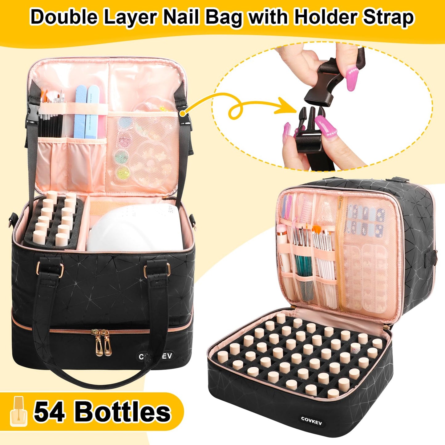 Covkev Nail Polish Organizer Hold 54 Bottles (15ml/0.5 fl.oz), PU Leather Nail Lamp Kit Supplies Organizer Bag Travel, Double Layer Nail Organizers and Storage Case with Holder& Shoulder Strap (Black)