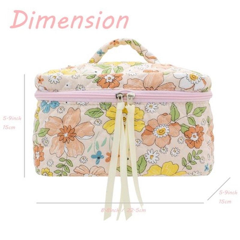 PAZIMIIK Cotton Makeup Bag for Women Large Quilted Travel Cosmetic Case Girls' Make Up Organizer,Floral Orange