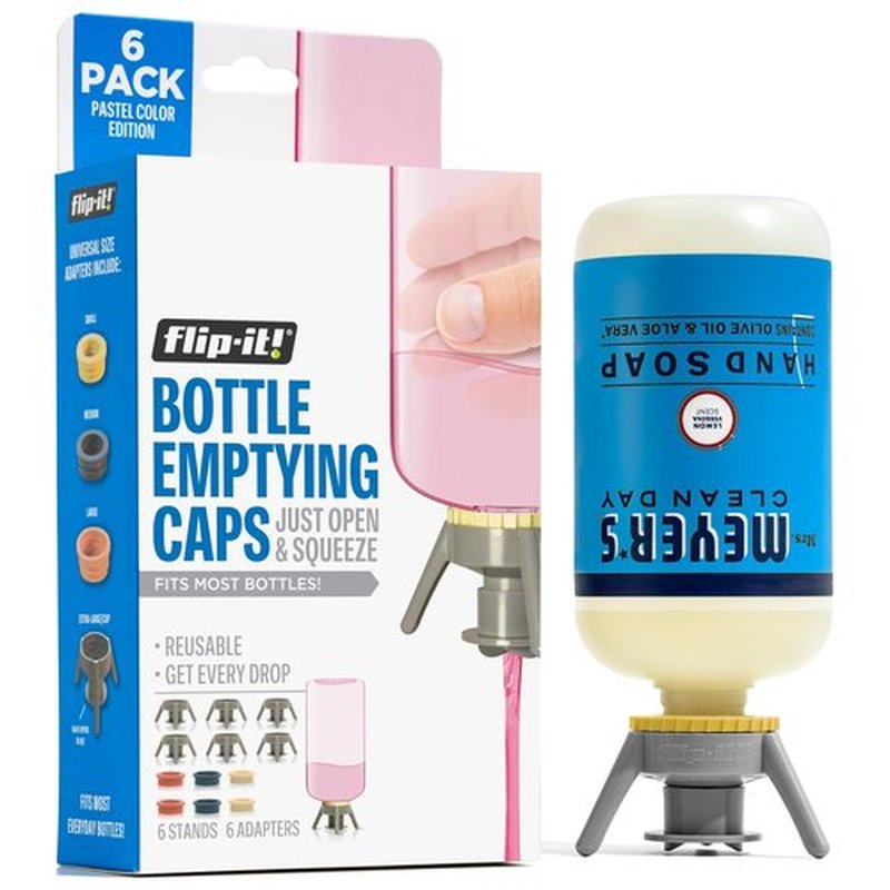 Flip-It! 6-Pack Bottle Emptying Kit – Gadget Gifts & Unique Xmas Gift – No More Wasted Product – Fits Most Plastic Bottles – Stocking Stuffer Gift Idea – 6 Base Caps, 6 Adapters – Pastel Color Edition