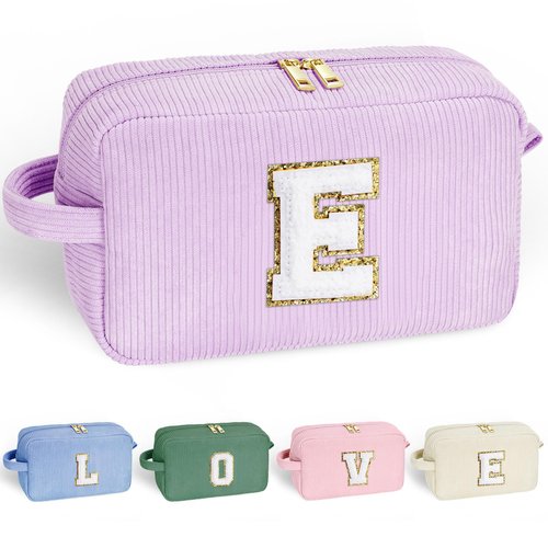 YOOLIFE Monogram Purple Make Up Bag - Cute Makeup Bag Travel Makeup Brush Bag Cosmetic Bags for Women Travel Must Haves Gifts for Wife Sister Friend Bridesmaid Girlfriend Gifts for Women Her Letter E