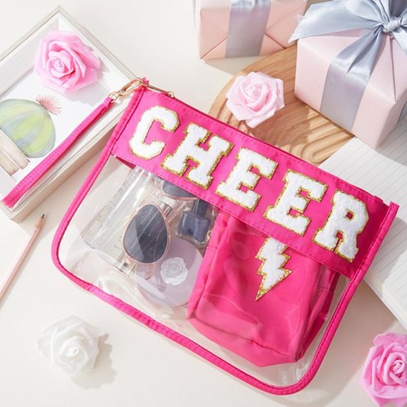 Hillban 2 Pcs Cheer Theme Gifts Cheer Chenille Letter Bags Pink Preppy Patch Makeup Bag Flat Clear Pouch PVC Organizer Purse Waterproof Travel Cosmetic Bag Portable Toiletry Storage Bag for Women
