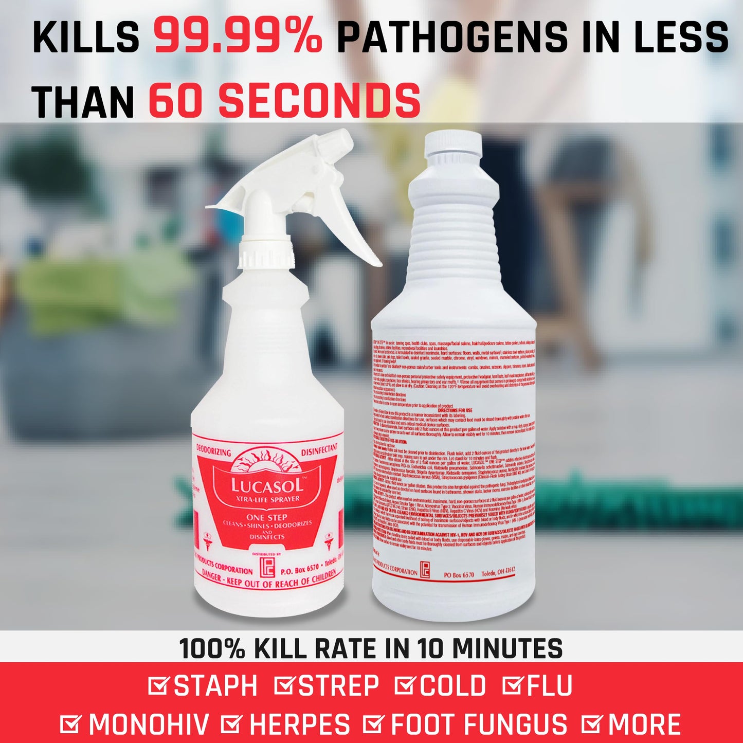 Lucasol One Step Disinfectant, 32 Fl Oz Disinfectant & 24 Oz Empty Refillable Spray Bottle Combo. Multi Purpose Cleaner Spray For Hospitals, Schools, Salons, Household Cleaning And More