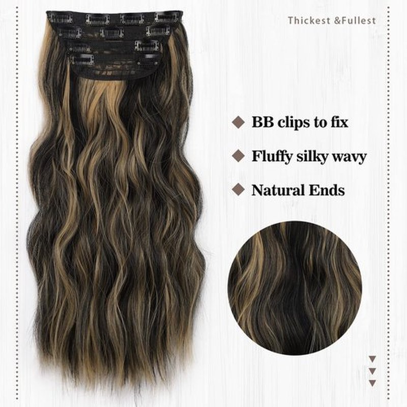 QGZ Clip in Long Wavy Hair Extensions Synthetic 4 PCS Thick Hairpieces for Women 20 Inch Long Fiber Hair Extension for Daily Party Use (Black Brown Mix Blonde)
