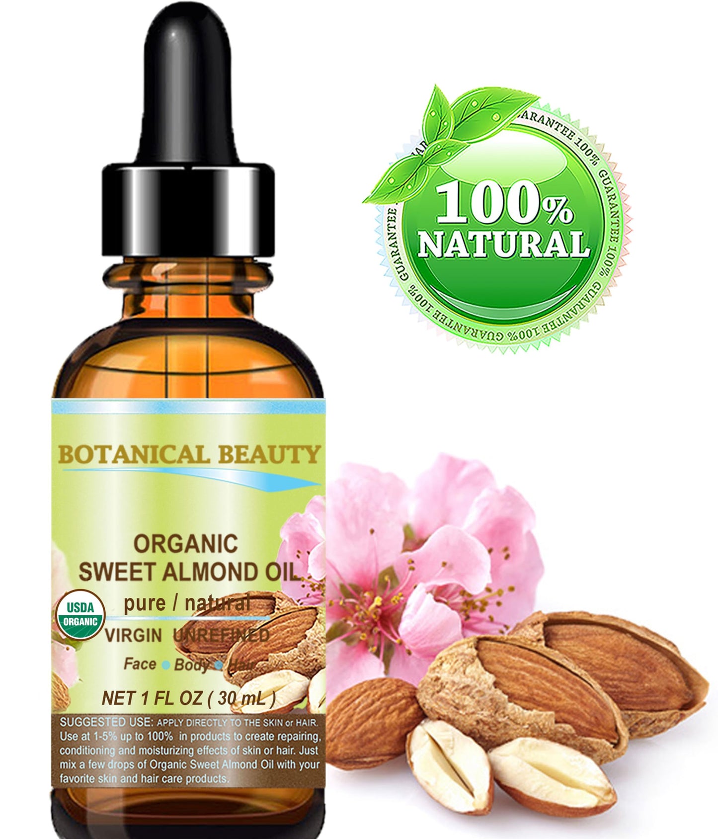 Botanical Beauty‎ Organic SWEET ALMOND OIL 100% Pure Natural Virgin Unrefined Undiluted Cold Pressed Carrier Oil for Face, Skin, Body, Hair, Massage, Nails. 1 Fl. oz - 30 ml