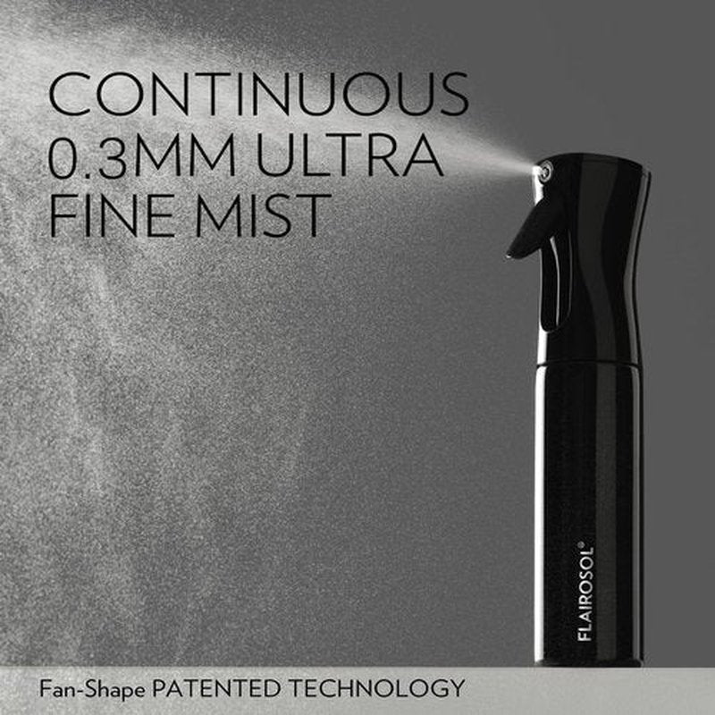 FLAIROSOL Spray Bottle for Hair, Continuous Spray Bottle with 0.3MM Ultra Fine Mist, Water Mister Spray Bottle for Hairstyling, Cleaning, Plants, Pets, 10.1oz/300ml, Black Bottle, White Print