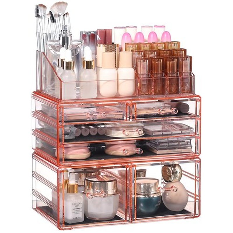 Cq acrylic Dorm Makeup Organizer With 6 Drawers,Stackable Plastic Makeup Organizer,Pink Drawer Storage Organizer Perfume for Dresser Vanity Tray, Large Baby Drawer Organizer for Nursery,3 Pack