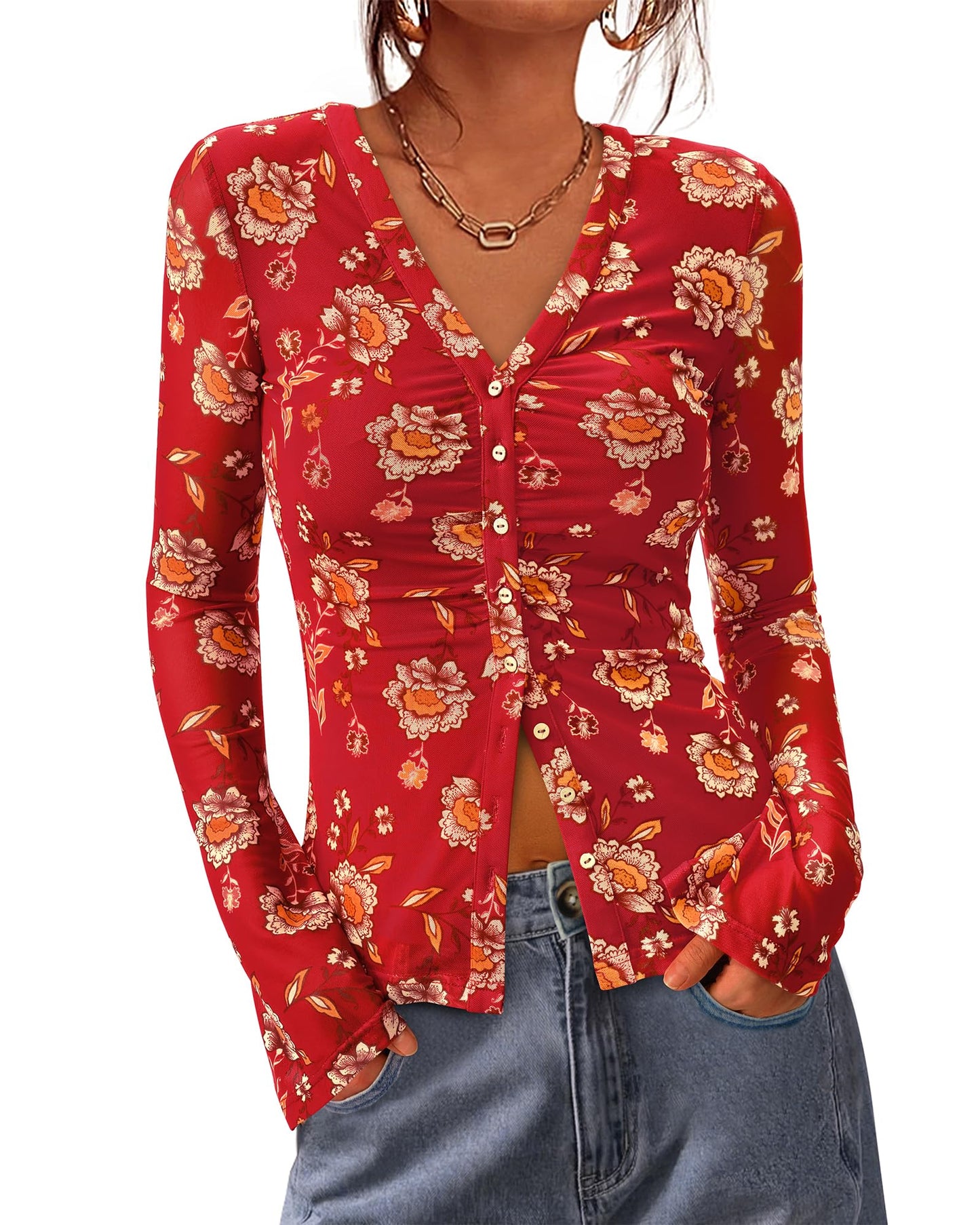 BTFBM Button Down Shirts for Women 2026 Fall Boho Tops V Neck Long Sleeve Blouses Ruched Mesh Fitted Fashion Clothing(Red, Medium)