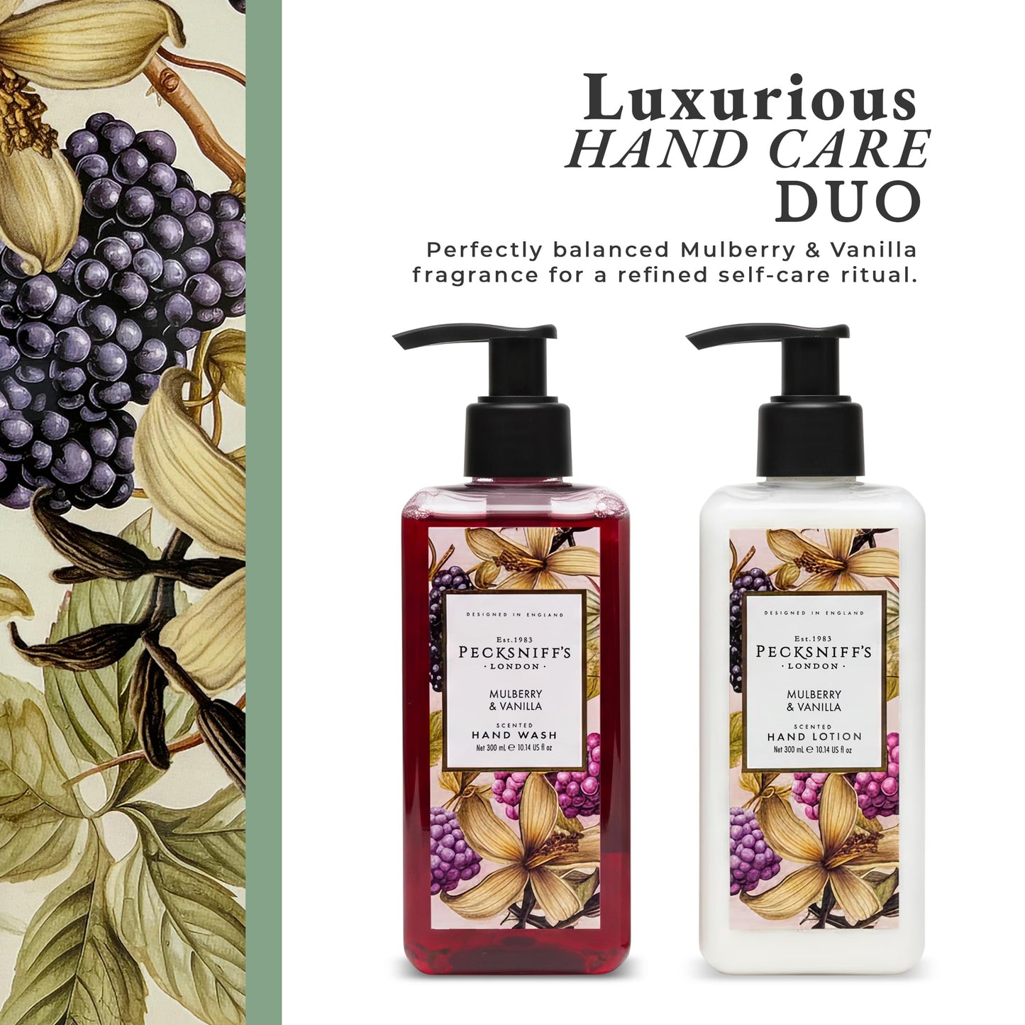 Pecksniff’s Hand Care Duo Gift Set, Mulberry & Vanilla, Hard Box Set with 300ml Hand Wash and 300ml Hand Lotion, Moisturizing Sink Set, Designed in England