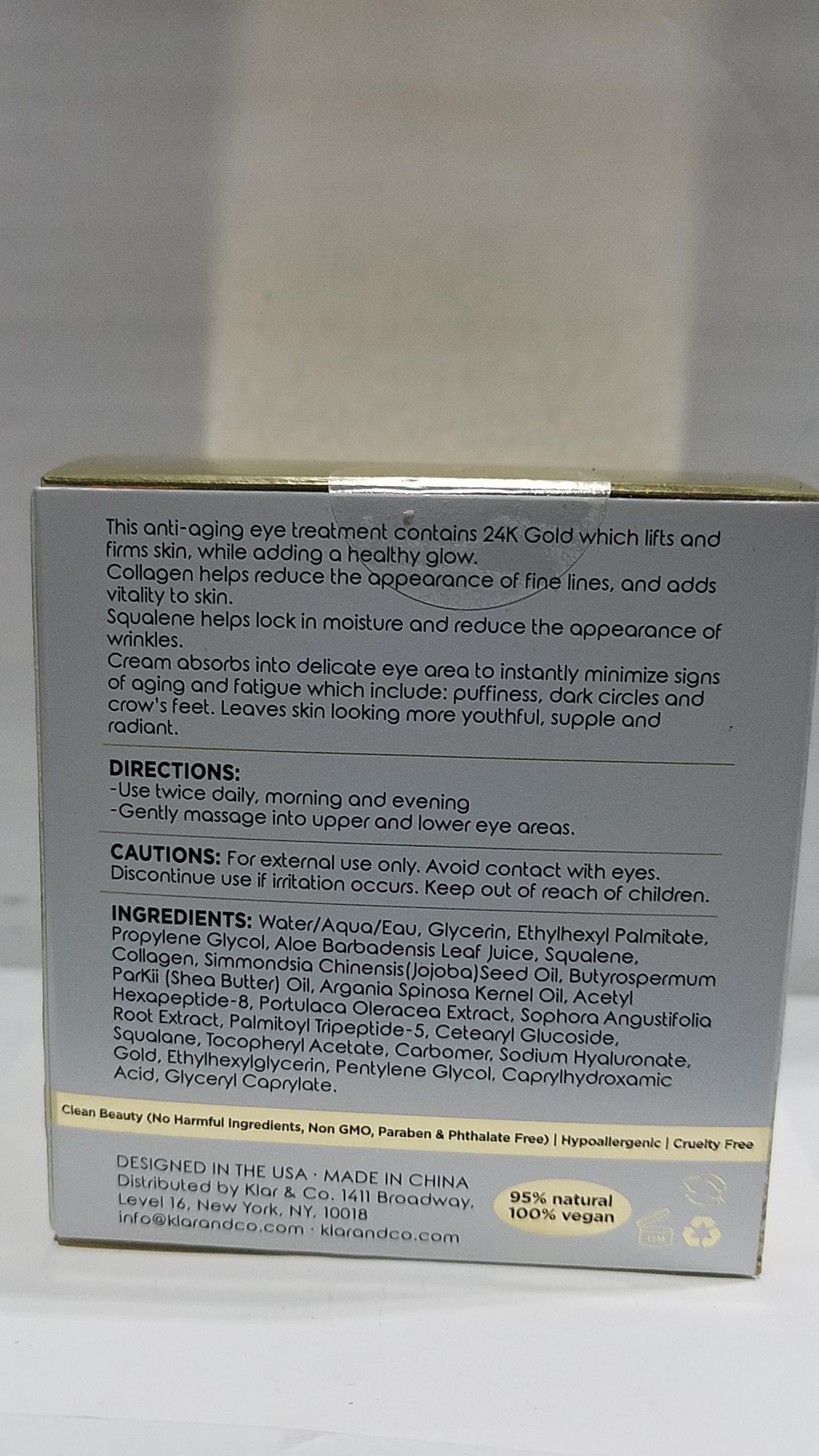 Clear Beauty 24k Gold & Collagen Under Eye Cream - Hydrating, Firming & Anti-Aging - Dermatologist Tested, Clean Beauty & Cruelty-Free Korean Skin Care for All Skin Types - 1 Fl. Oz