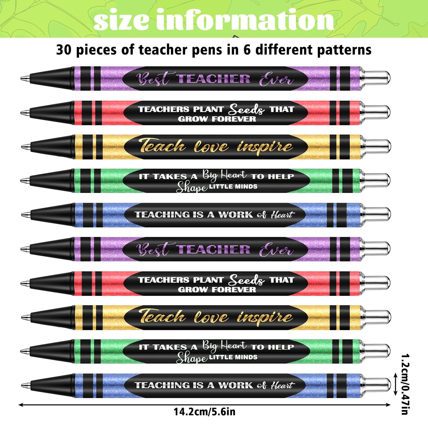 Motipuns 30 Pcs Back to School Teacher Appreciation Gift Pen Bulk Metal Glitter Thank You Teacher Pens Inspirational Black Ink Retractable Ballpoint for First Day of School Party Favors(Crayon)
