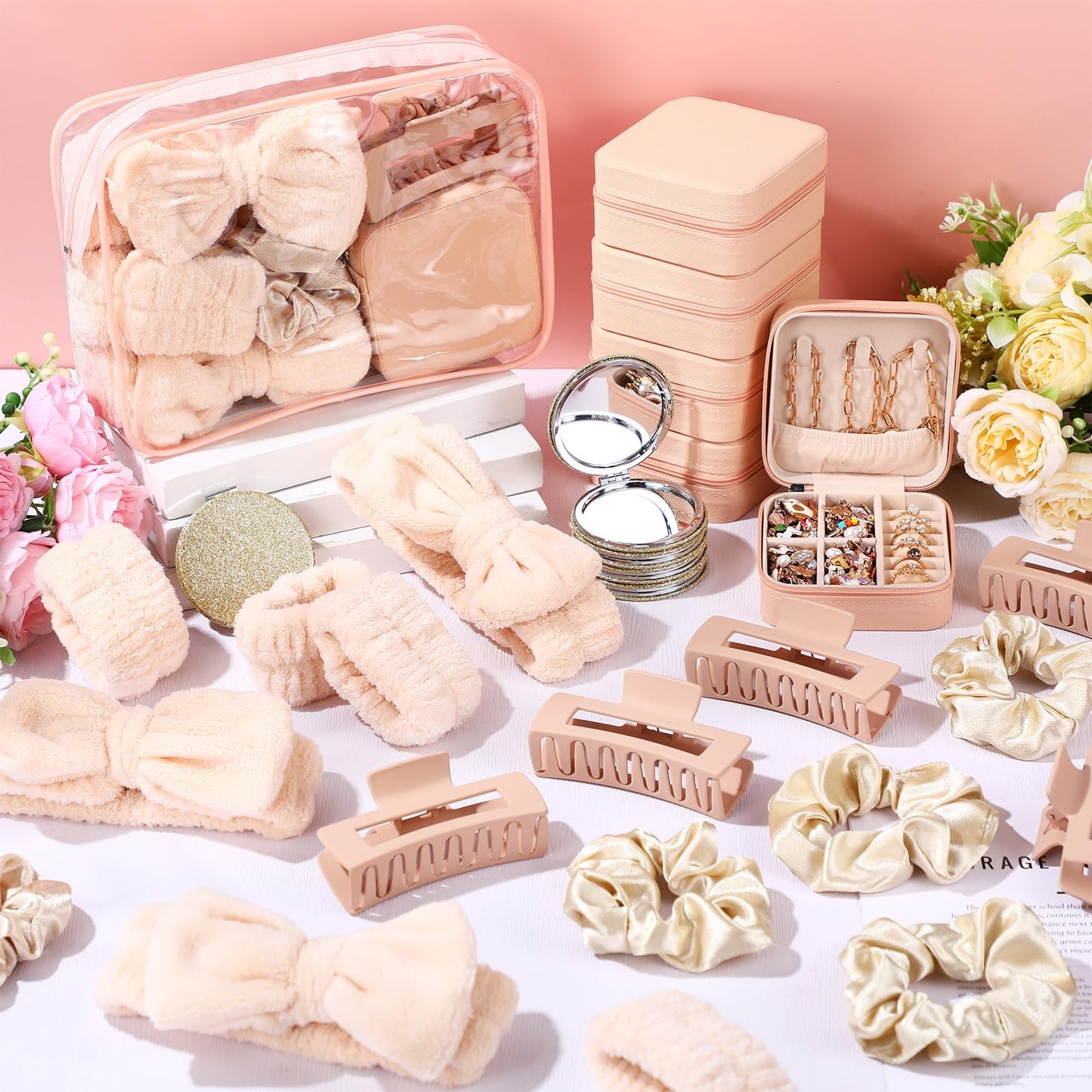 Suncalla 48 Pcs Spa Party Favors Bridesmaid Proposal Gifts Sleepover Party Supplies Bow Headband Scrunchies Jewelry Case Makeup Bag Mirror for Women Slumber Birthday Return Gifts (Beige)