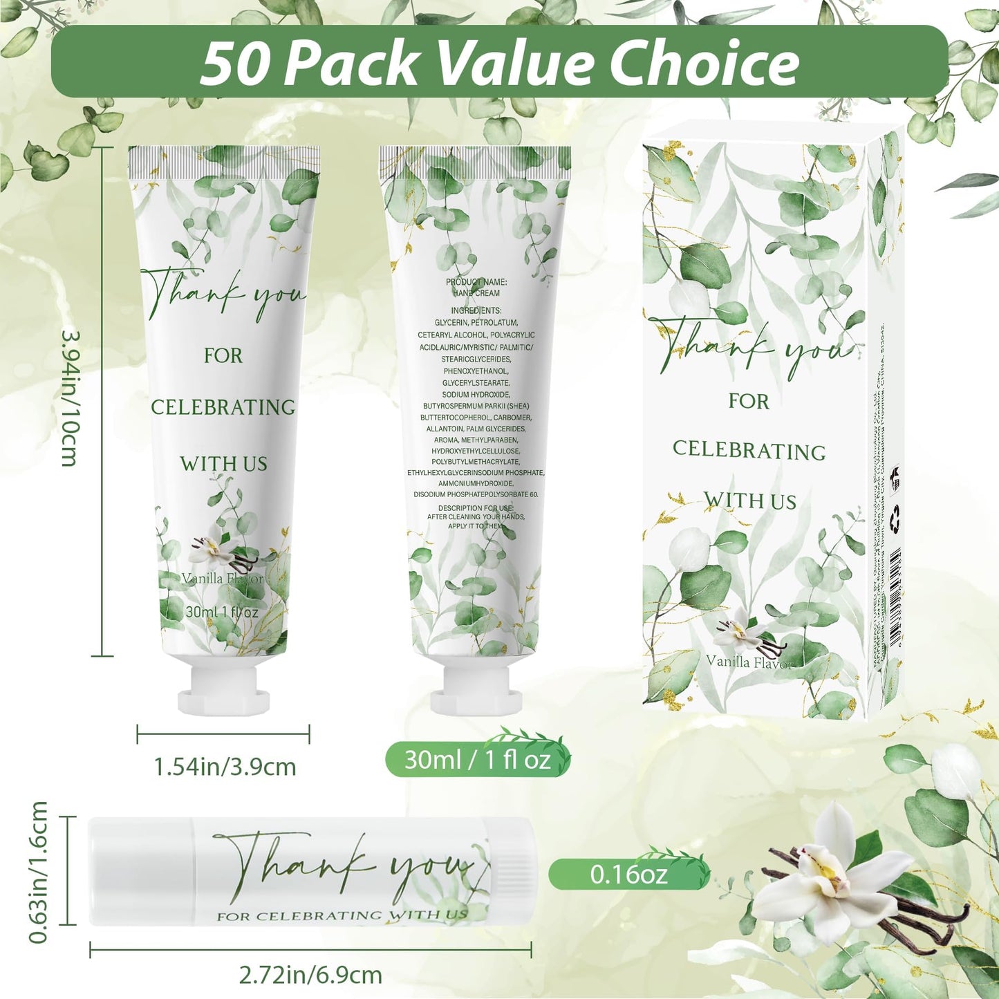 50 Sets Moisturizing Hand Cream Lip Balm Gift Kit for Wedding Return Thank You Welcome Gifts Sage Green Eucalyptus Leaf Theme Baby Shower Birthday Gifts Party Favors Games Prizes Winter Wedding Guests