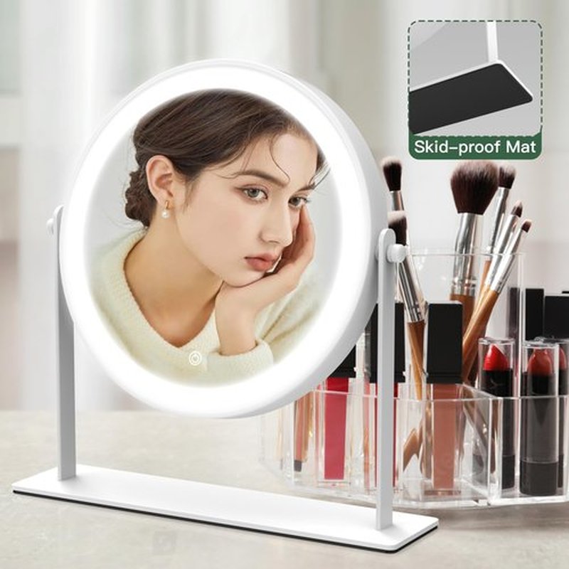 ROLOVE 10"x10" Lighted Makeup Mirror, Vanity Mirror with Lights, Dimmable Touch Screen, Light up Mirror, Portable Travel Mirror, Cosmetic Mirror for Makeup Desk, 360° Rotation, White