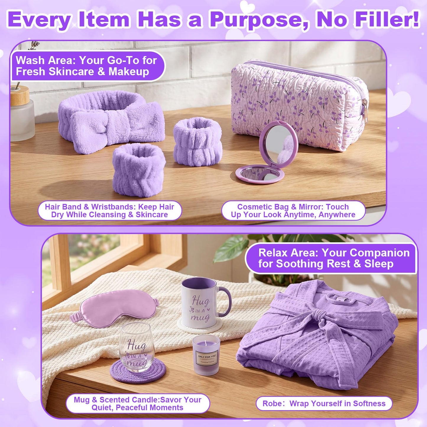 Afarnook 13 Pcs Birthday and Get Well Soon Gifts for Women Self Care Gifts Basket Spa Care Package with Robe Scented Candle for Her Mom Nurse Mother's Day(Purple)