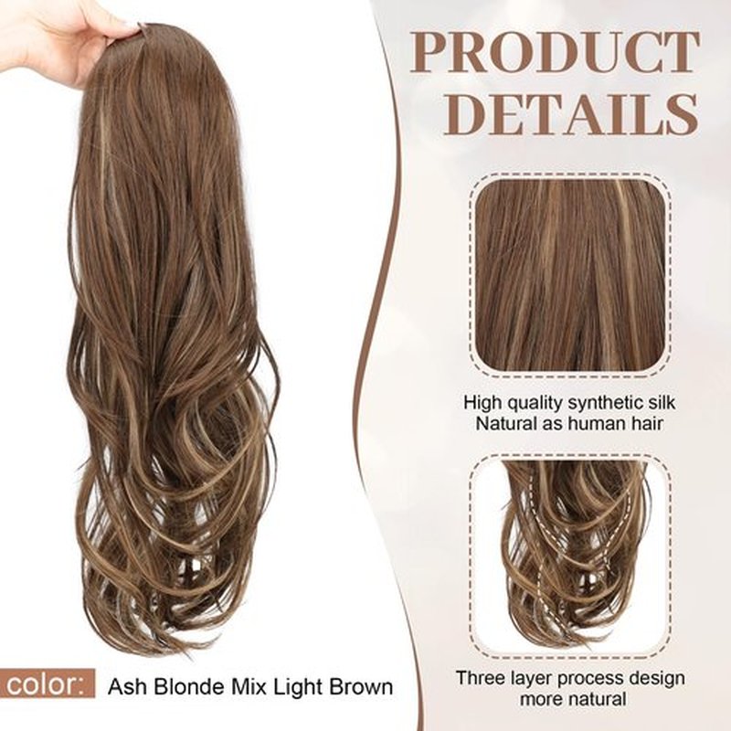 KooKaStyle Ponytail Extensions, 22 inch Ash Blonde Mix Light Brown Long Drawstring Wavy Clip in Ponytail Hair Extensions Layered Synthetic Hairpiece for Women