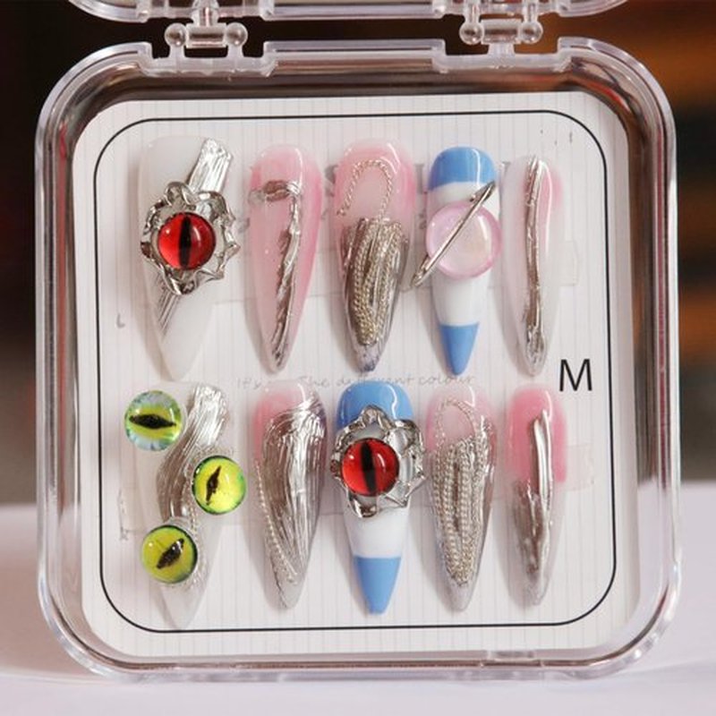 CAMILCY Handmade Nails Press on Almond Shaped Long Pointed Blue Pink Halloween Hand Painted Reusable Gel UV Finished Pre Shaped False Nails for Women 10Pcs 3D Handmade Nails(A006 L)