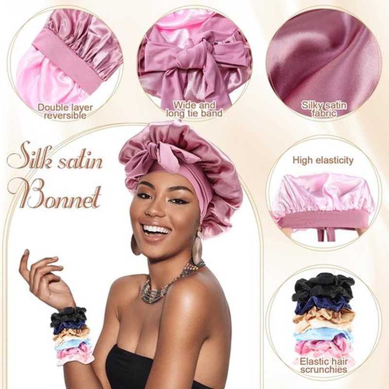 JaGely 4 Pcs Satin Bonnet for Women Tie Hair Bonnet for Sleeping Large 2 Layered Silk Sleeping Cap for Sleeping with 8 Pcs Hair Scrunchies Silk Sleep Cap Double Layer Satin Bonnets(Classic Color)