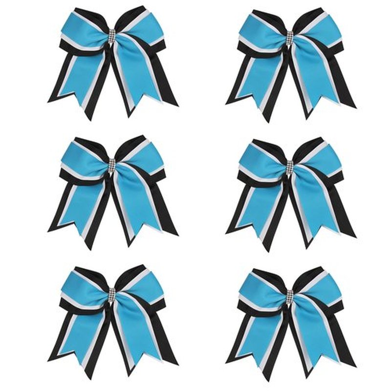 8 Inch 3 Colors 3 Layers 6 Pcs Cheerleader Bows Jumbo Cheerleading Bows Hair Elastic Hair Tie for High School College (Black/White/Light blue)