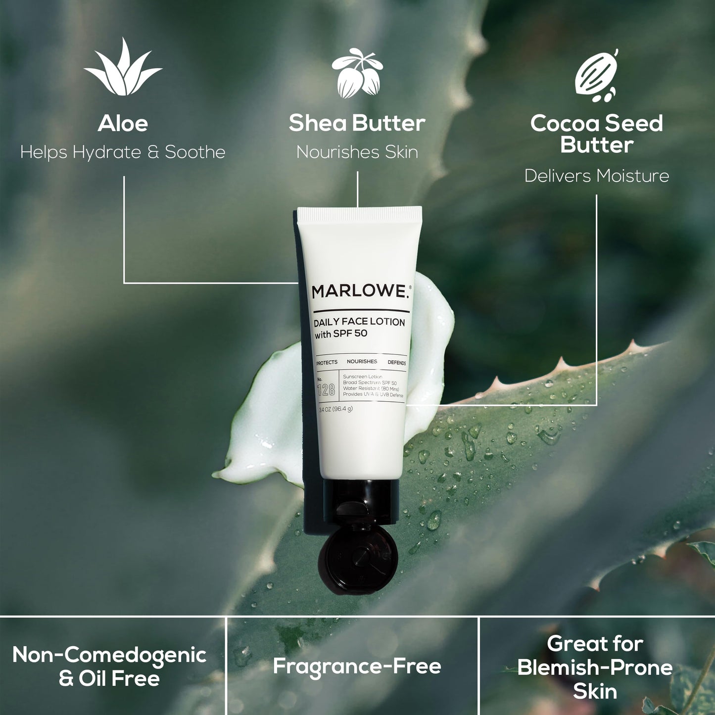 MARLOWE. Face Moisturizer with SPF 50, 3.4 oz, 2 Pack, Lightweight, Non-Greasy Daily Sunscreen Lotion to Protect, Hydrate & Nourish, Clean, Vegan Formula with Aloe Vera & Shea Butter, Fragrance Free